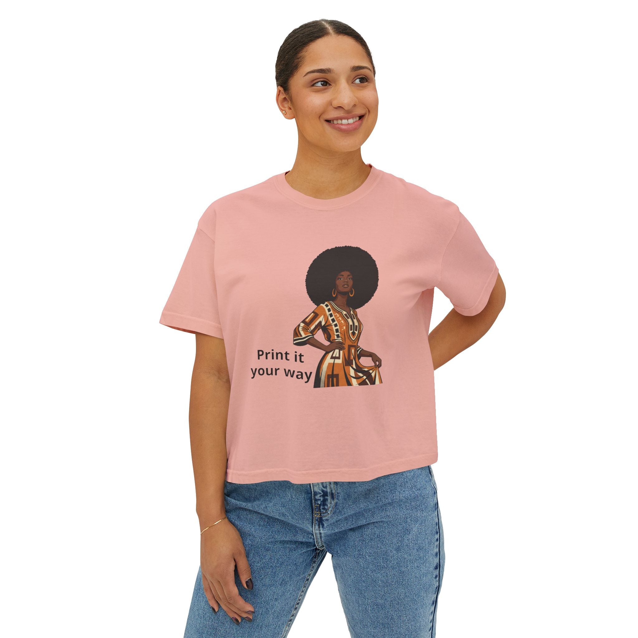 Afro Chic Women's Boxy Tee — Retro Black Woman Graphic "Print It Your Way"