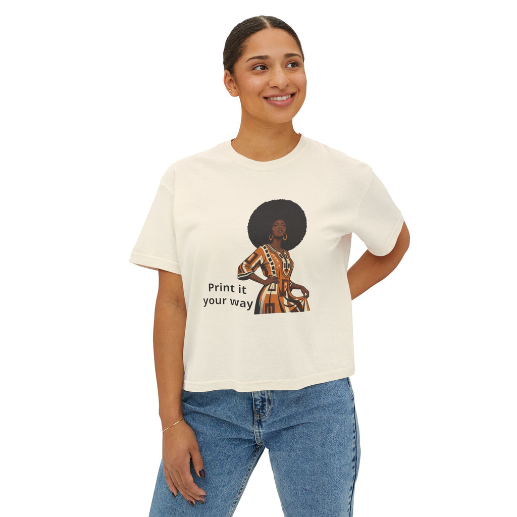 Afro Chic Women's Boxy Tee — Retro Black Woman Graphic "Print It Your Way"