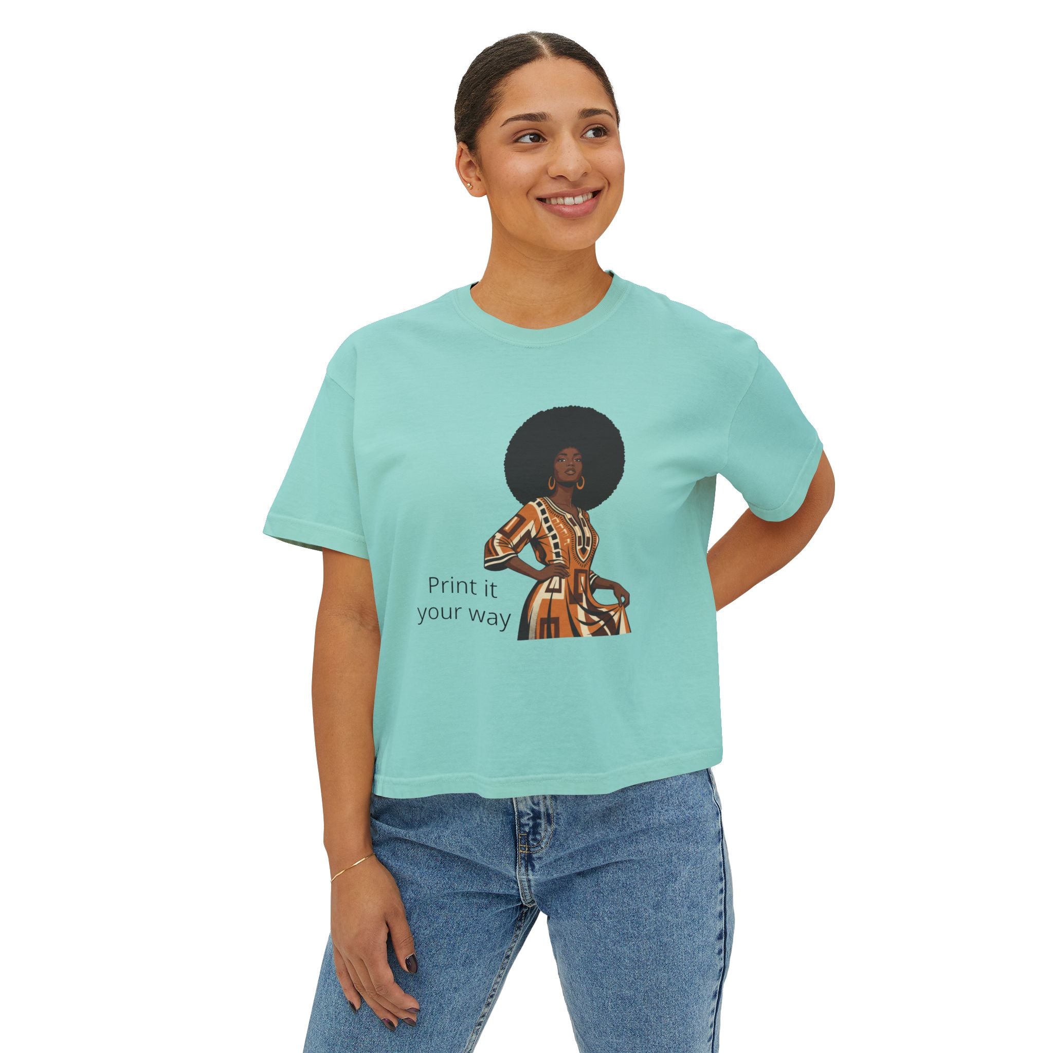 Afro Chic Women's Boxy Tee — Retro Black Woman Graphic "Print It Your Way"