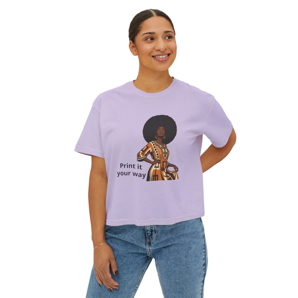 Afro Chic Women's Boxy Tee — Retro Black Woman Graphic "Print It Your Way"